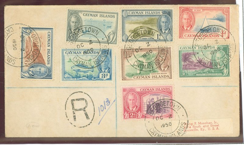 Cayman Islands 122-29 1950 8 values tied by Georgetown date stamps to registered over to Louisville, KY.