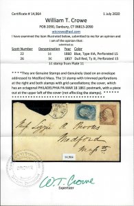 $US Sc#22+26 on cover March 18, 1861 Philadelphia, Crowe Cert., Plate#11