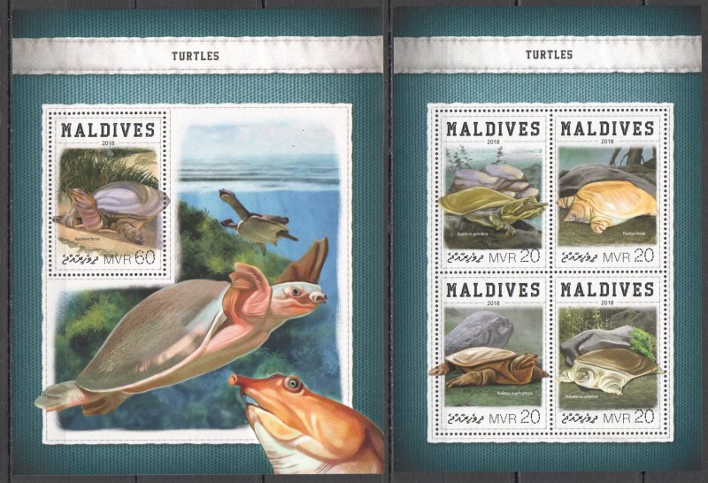 HM0549 2018 MALDIVES TURTLES MARINE LIFE REPTILES FAUNA #7493-6+BL1164 MNH