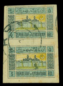 AZERBAIJAN 1920 Temple of Eternal Fires 5r blue & bister  Scott  7A used PAIR VF