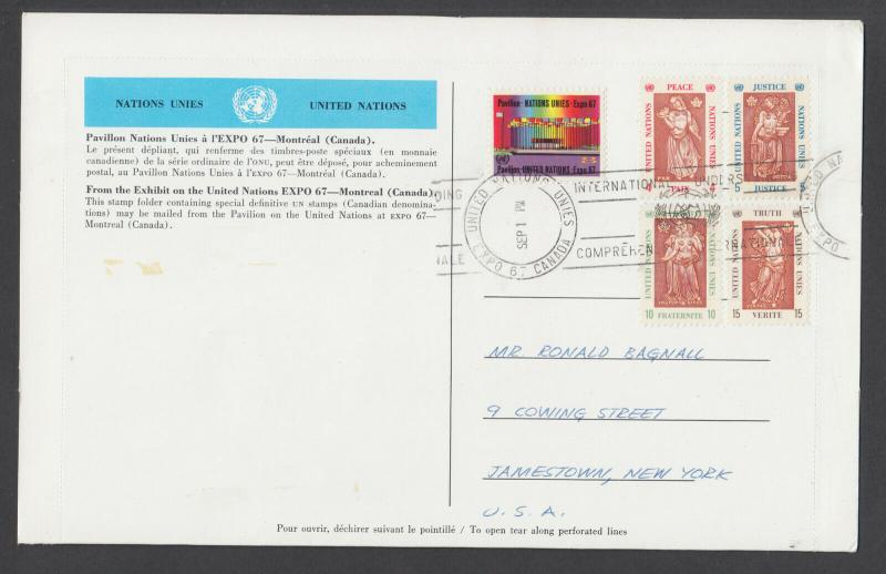 UN Sc 170-174 used on Expo '67 Souvenir Folder mailed from Montreal, Canada