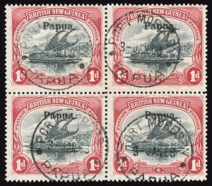 Papua 1906 Lakatoi 1d black & carmine block of four VFU. SG 22. Sc 12.