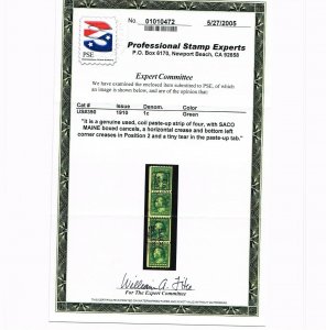 EXCEPTIONAL GENUINE SCOTT #390 USED COIL PASTE-UP STRIP OF 4 PSE CERT - SACO, ME