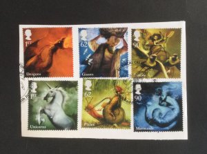 GB 2009.  Mythical Creatures. Set of 6 used stamps. Ex FDC on paper