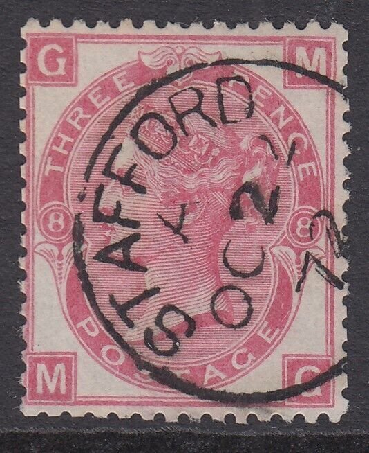 SG 103 3d rose plate 8. Very fine used with a Stafford, Oct 22nd 1872 CDS