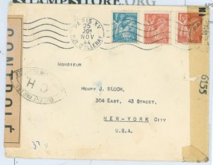 France  1944 Liberated France censored cover to US. 1944 WWII restored service censored cover. 1944 Nov 25 Paris to Detroit, cen