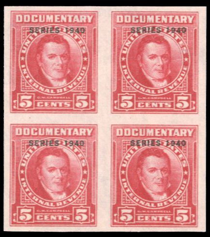 United States, Revenues #R292a Cat$800, 1940 5c carmine, imperf. block of fou...
