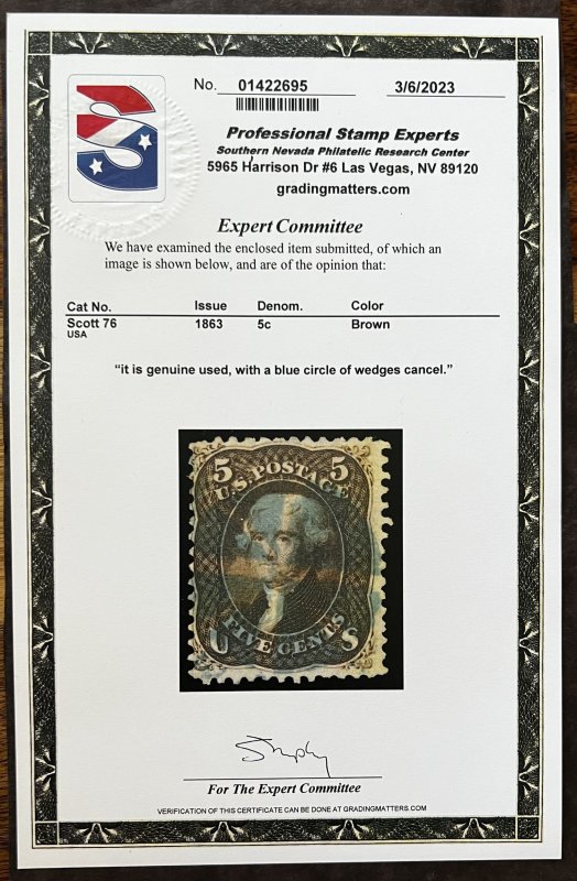 US #76 with PSE Cert. Brown