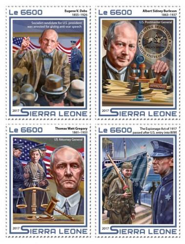 SIERRA LEONE - 2017 - Espionage Act, 100th Anniv - Perf 4v Sheet - M N H