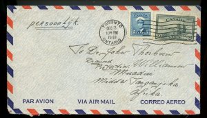 25 cent airmail to TANGANYIKA, 1949 PEACE ISSUE w/receivers cover Canada