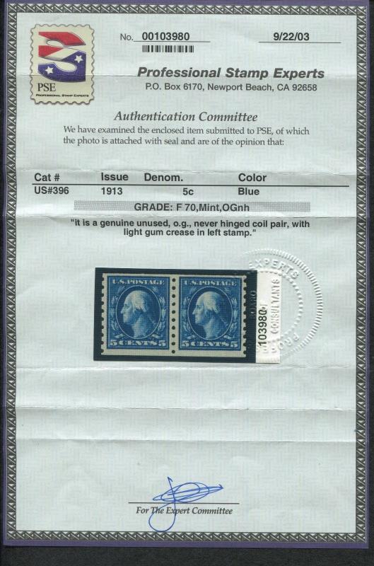 1913 US Stamp #396 5c Mint Never Hinged Coil Pair Catalogue Value $450 Certified