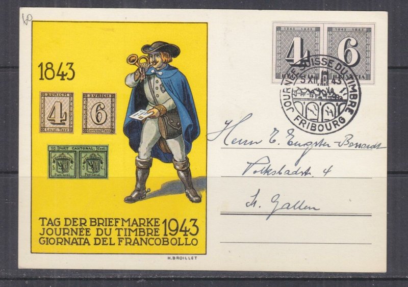 SWITZERLAND, 1943 Zurich Stamp Centenary imperf. pair from Souvenir Sheet Card.