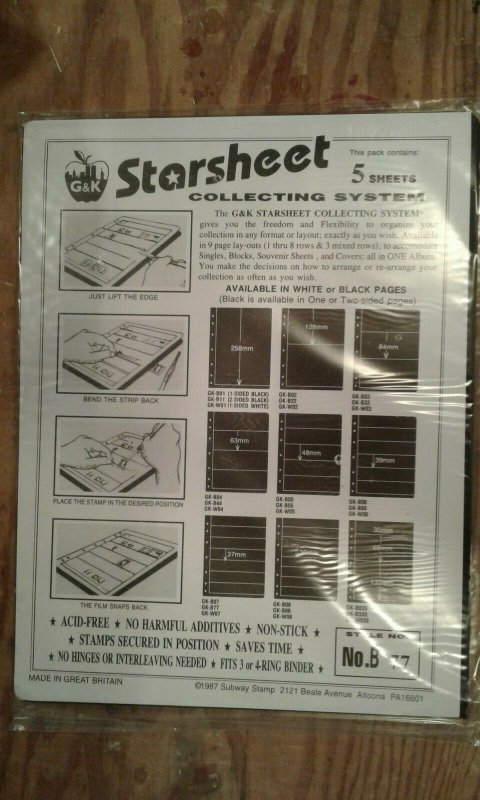 G&K Starsheet 2 sided Black Stockpages with 7 pockets --new/sealed package of 5