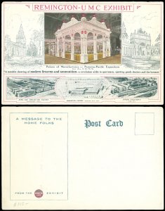 1915c REMINGTON UMC EXHIBIT, PANAMA PACIFIC EXPO Unused Postcard With FACTORIES!