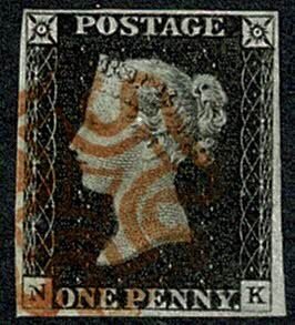 GB 1d Black NK Plate 2. Cancelled by red Maltese cross.