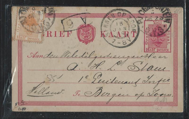 ORANGE FREE STATE (P2709B) 1898 1/2D PSC +1/2D   TO HOLLAND WITH MSG