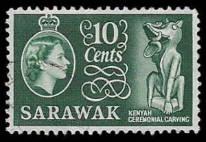 Sarawak #202 Used LH; 10c QE II & Kenyag Ceremonial Carving (1955) (2)