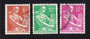 France 1957-59 Set of 3 Farm Woman, Scott 833, 833A, 834 used, value = 75c