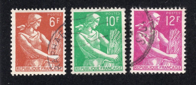 France 1957-59 Set of 3 Farm Woman, Scott 833, 833A, 834 used, value = 75c