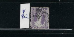 NATAL SCOTT #32  1869 POSTAGE OVERPRINT 14 1/2 TO 15 1/2 6P (VIOLET) - USED