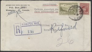 1948 Registered Cover Winnipeg to Geraldton Ont Refused RPOs