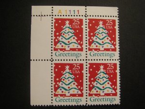 Scott 2515, 25c Christmas Tree Contemporary, PB4 #A1111 UL top, MNH Beauty