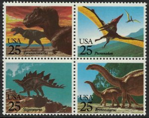 1989 25¢ Dinosaurs: MNH Block of 4 Scott 2422-25, Tyrannosaurus, Brontosaurus