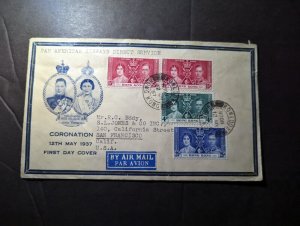 1937 British Hong Kong Airmail Coronation First Day Cover FDC Kowloon to CA USA