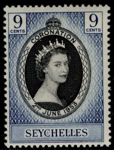 SEYCHELLES QEII SG173, 9c black & deep bright blue, NH MINT.