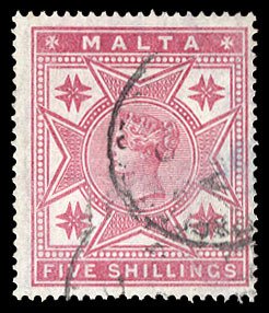 Malta #14 Cat$95, 1886 Victoria, 5sh rose, used