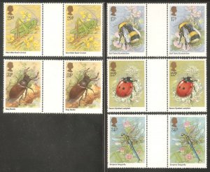 GREAT BRITAIN Sc# 1098 - 1102 var MNH FVF Set of 5 x Gutter Pair Insects