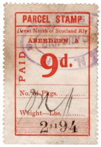 (I.B) Great North of Scotland Railway : Parcel Stamp 9d (Aberdeen)