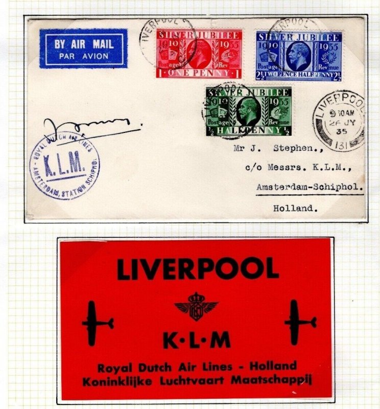 GB KGV Jubilee Air Mail Cover KLM Signed LAST FLIGHT 1935 Label LIVERPOOL  DL256