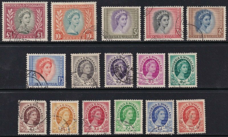 Sc# 141 / 155 Rhodesia & Nyasaland 1954-56 QE Queen Elizabeth used set CV $77.35