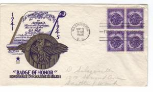 US 940 (Me-34) 3c Honorable Discharge blk 4 FDC Cachet Craft/ Staehle ECV$115.00