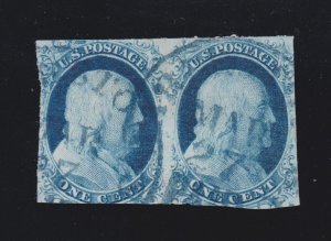 US 7 1c Franklin Used Pair Blue CDS Cancel & PSE Cert Pos 66-67R1E F-VF SCV $285