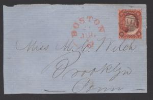 *US 19th Century Cover Scott #10, Cover Front Only, Corner Clpd, Blk Paid