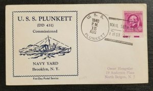 1940 Navy First Day Cover USS Plunkett Cachet North Bergen New Jersey