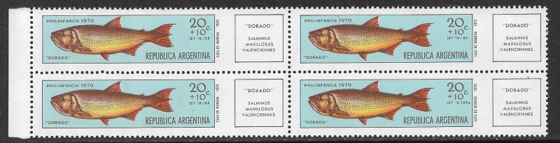 ARGENTINA 1971 20c+10c Dolphinfish Semi Postal Block of 4 Sc B54 MNH