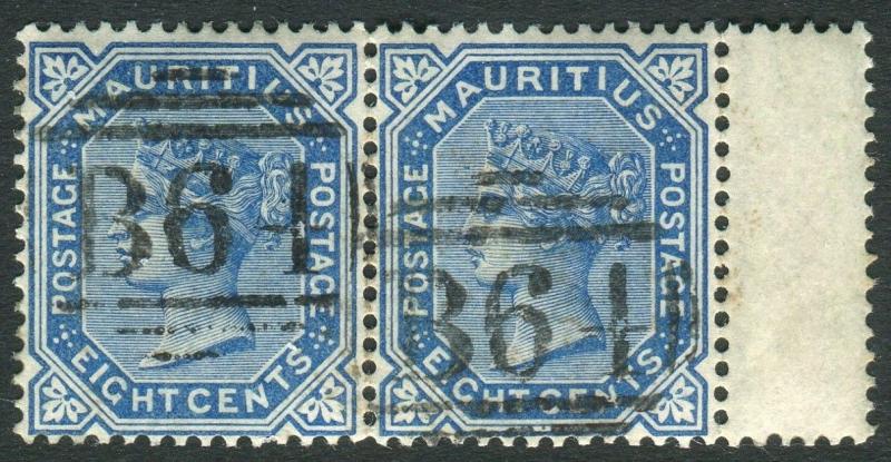 SEYCHELLES/MAURITUS-1879-80 8c Blue fine used pair cancelled B64 Duplex Sg Z48