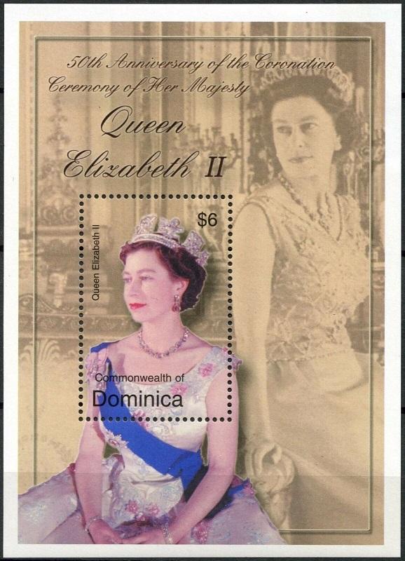 2003	Dominica	3415/B474	50 years of the coronation of Elizabeth II Golden Jubile