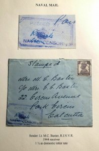 1944 Naval Mail India Censored Cover To Calcutta