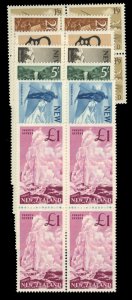 New Zealand #346-352 Cat$291.60, 1960 1sh6p-£1, seven high values, blocks of...