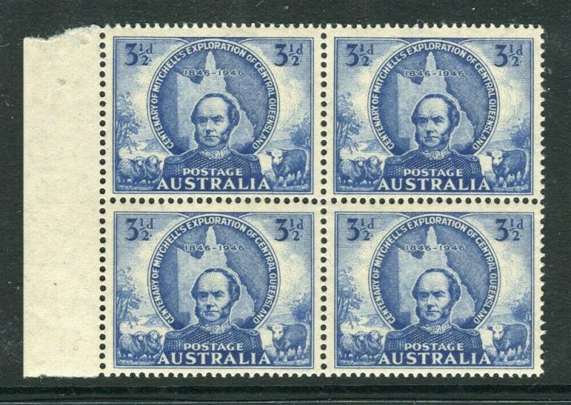 AUSTRALIA; 1946 Queensland Exp. Anniversary fine Mint Margin BLOCK 3.5d. value