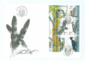 Finland 1156a 2001 Woodpeckers (birds) pane of six on an unaddressed, cacheted first day cover.