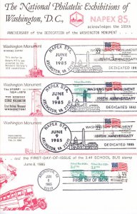 NAPEX '85 Program FDC #2123 E1 School Bus Washington Monument 3 Show Cancels