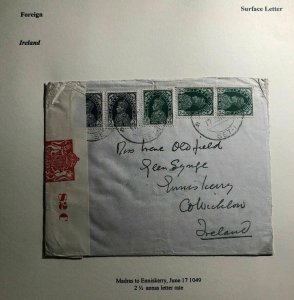 1949 Madras India Censored Railway Co Cover To Enniskerry Ireland