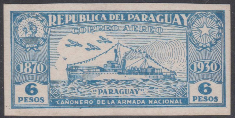 PARAGUAY 1931 GUNBOAT Sc C47 IMPERF PLATE PROOF ULTRA ON CHALKY SURFACE CARD