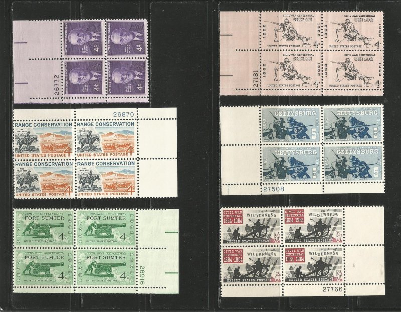 USA Stamps #1172,1176,1178,1179,1180,1181 Plate Blocks of 4