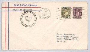 NIGERIA KGVI Air Mail FIRST FLIGHT FAM-22 Lagos Bathurst USA Vernon 1941 ZC115